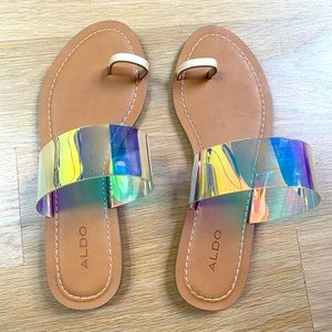 New w tags Aldo clear lucite acrylic rainbow toe tan flat sandals 7